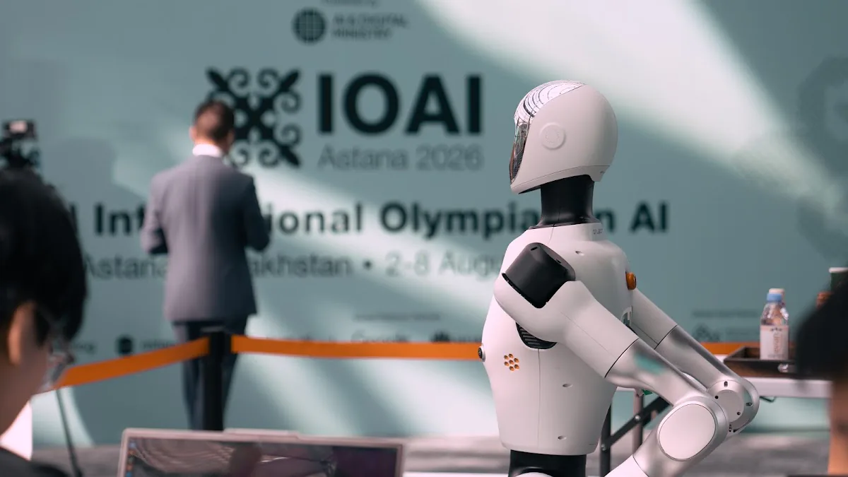 A humanoid robot at IOAI 2026 in Astana